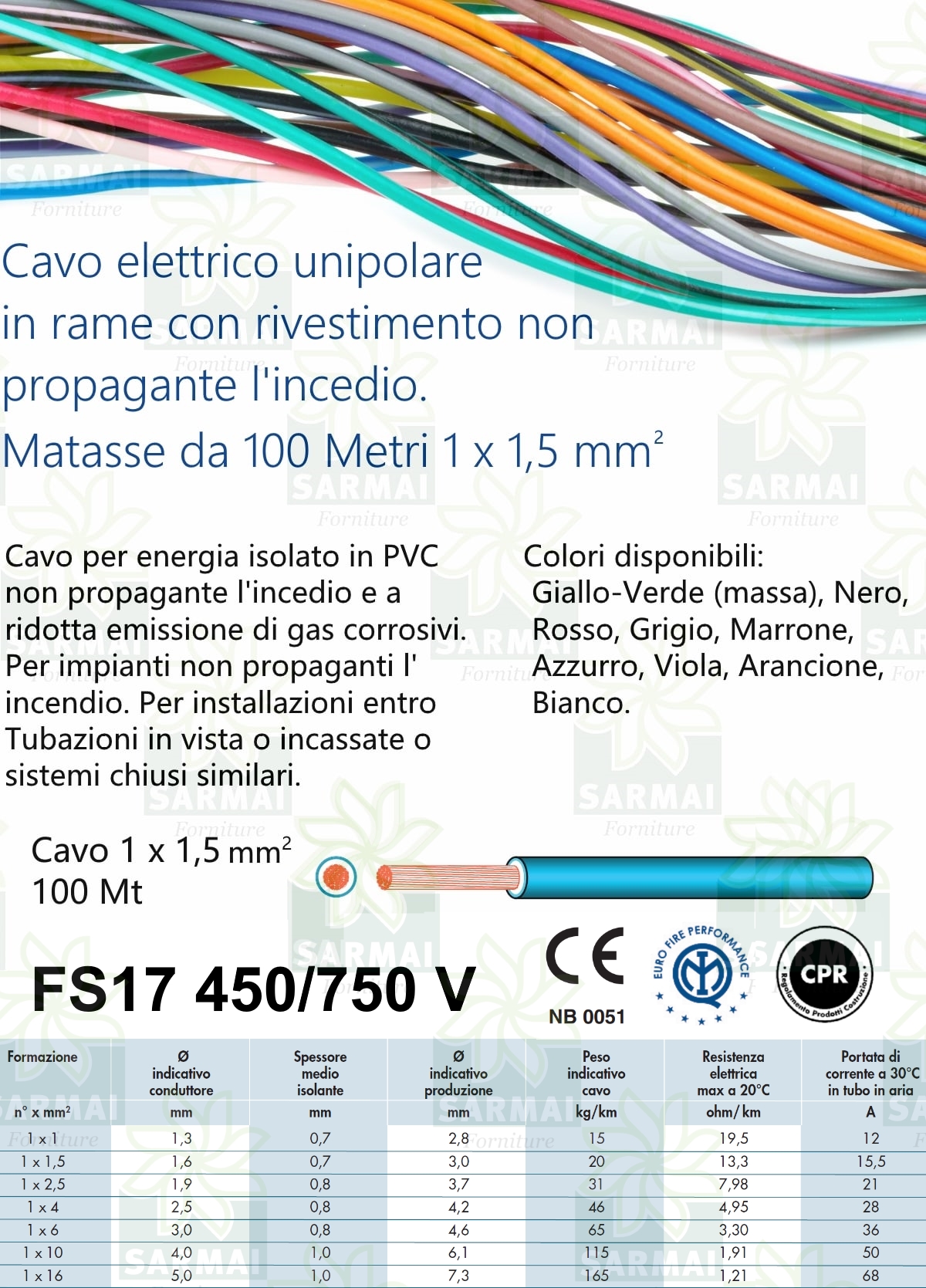 CORDINA CAVO UNIPOLARE FS17 450/750 V 1x 1,5 mm PER IMPIANTI BOBINA 100  metri 