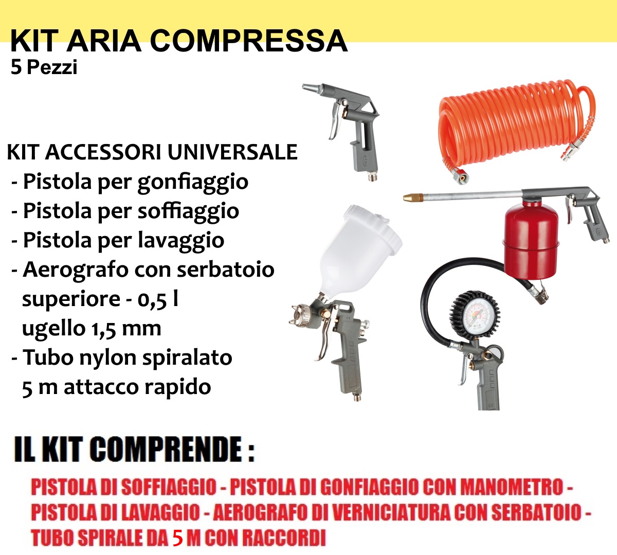 SET 5 ACCESSORI PER COMPRESSORE ARIA COMPRESSA PROFESSIONALE DA