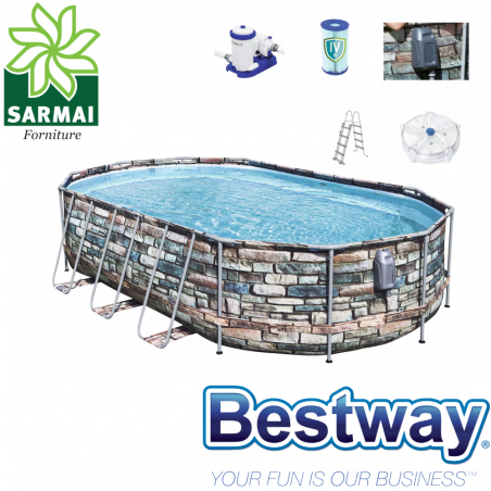 Bestway 56719 Piscina fuoriterra 610x366xH122 cm con struttura ovale con effetto pietra completa di accessori