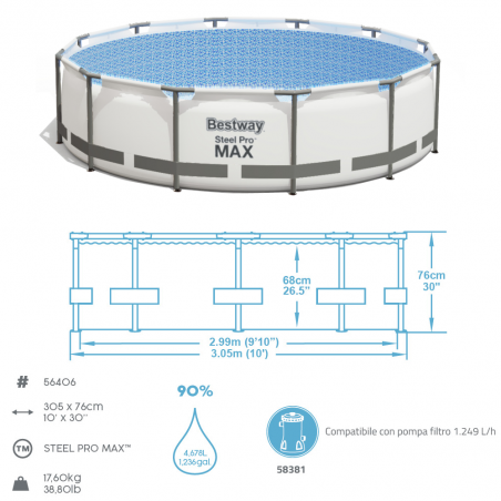 Bestway 56406 Piscina Fuori Terra Steel Pro Max da 305 x H 76 cm con struttura