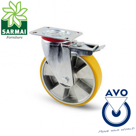 RUOTA AVO 37BIS 125x30 SUPPORTO GIREVOLE CON FRENO RIVESTIMENTO IN POLIURETANO
