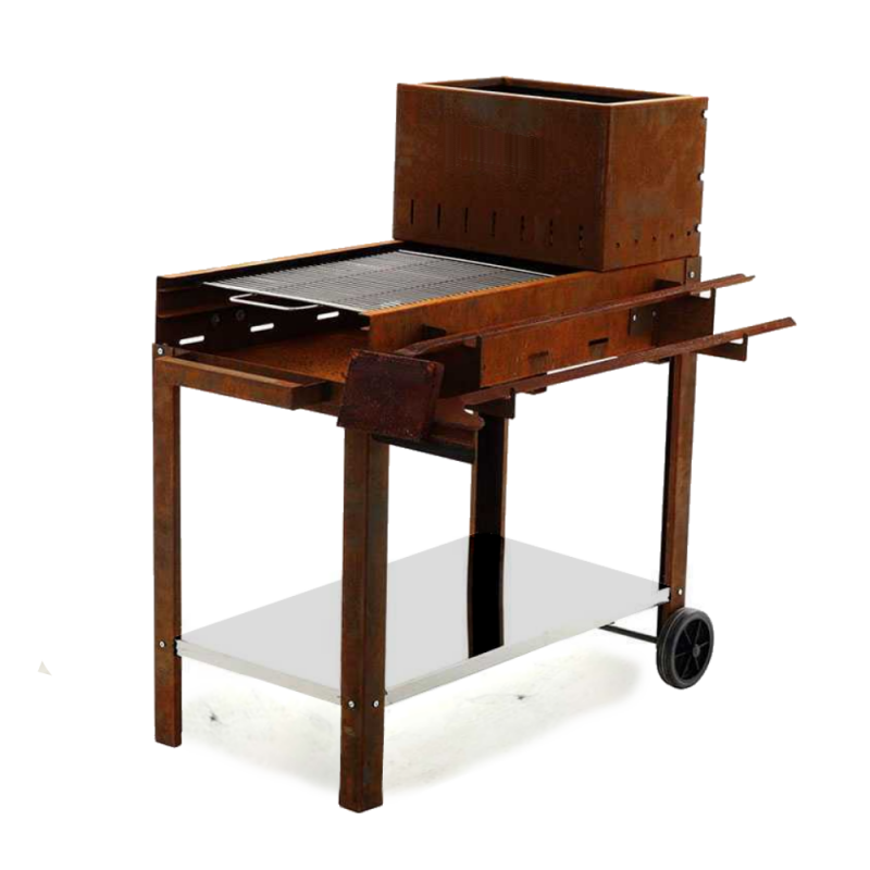 Barbecue a legna e carbone completamente in corten piano cottura inox 45x50 cm