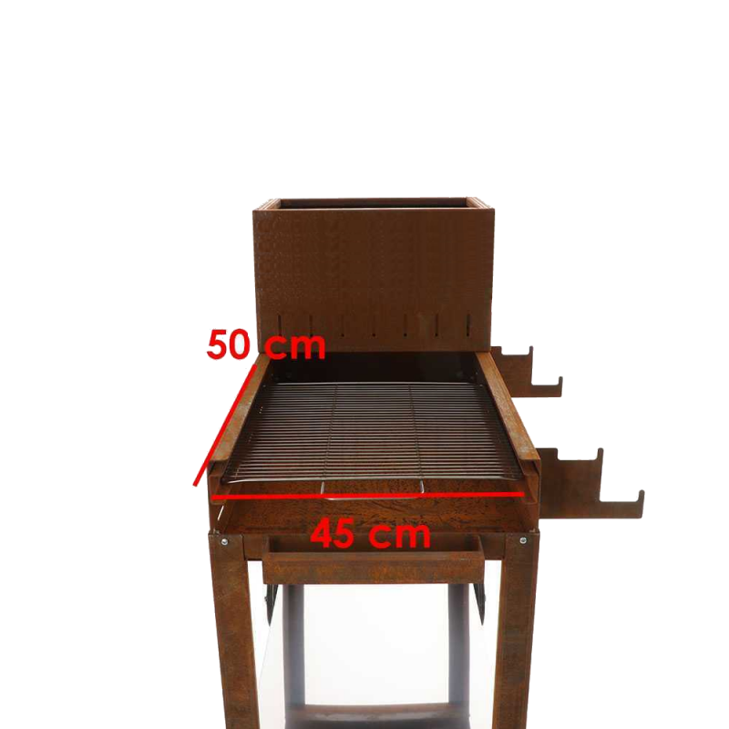 Barbecue a legna e carbone completamente in corten piano cottura inox 45x50 cm