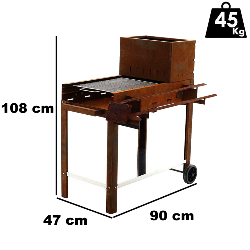 Barbecue a legna e carbone completamente in corten piano cottura inox 45x50 cm