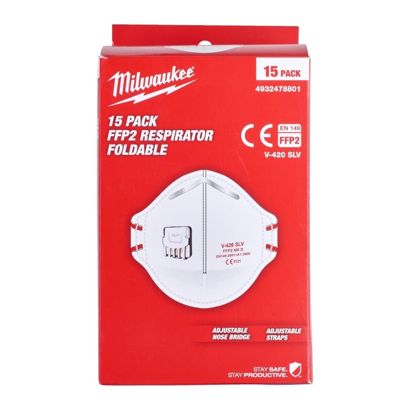 MILWAUKEE Mascherina facciale respiratore FFP2 NR D pieghevole con valvola 15 pz