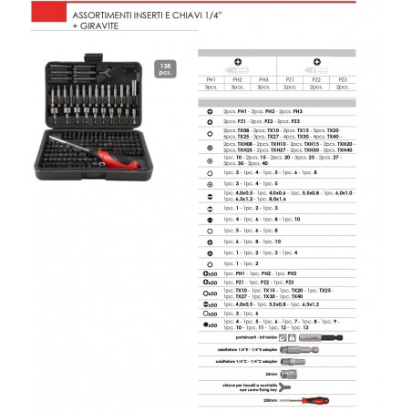 KRINO Set kit assortimento 139 pz inserti bit 1/4 e bussole con impugnatura