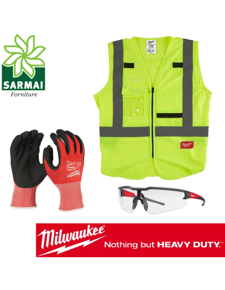 MILWAUKEE Starter Set DPI kit sicurezza con gilet A.V.  occhiali e guanti Cat. A