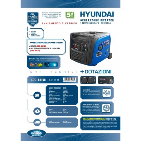 Generatore di corrente inverter silenziato Hyundai 4 KW avviamento elettrico