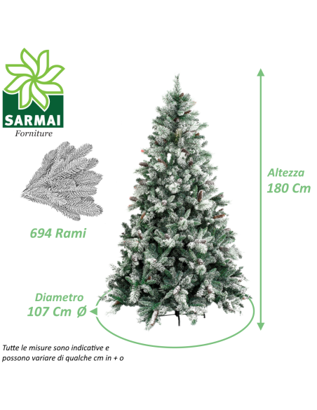Albero di Natale artificiale GEORGE innevato folto rami ombrello con pigne BUD