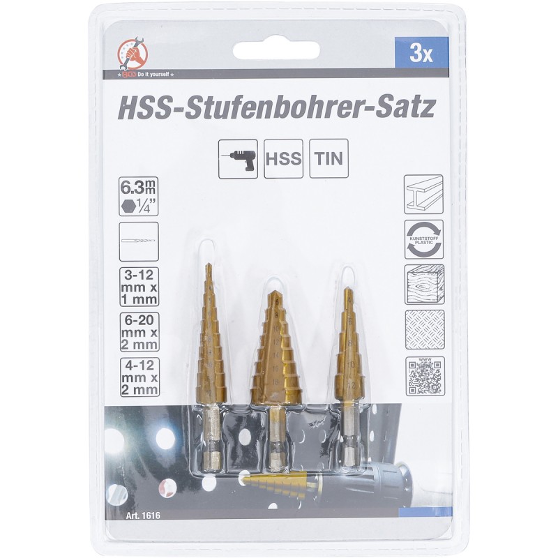 BGS 1616 SET 3 PEZZI FRESE A GRADINI RIVESTIMENTO AL TITANIO, 3-20 MM
