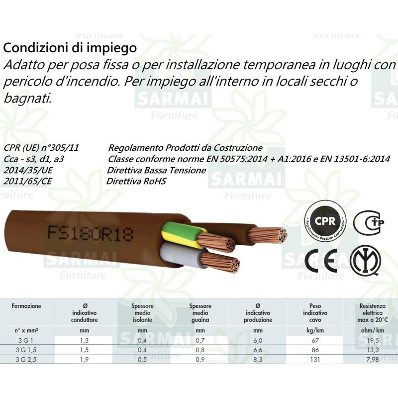 CAVO FILO ELETTRICO FS18OR18 300-500V BIPOLARE CON NEUTRO 3x1 3x1,5 3x2,5 mm