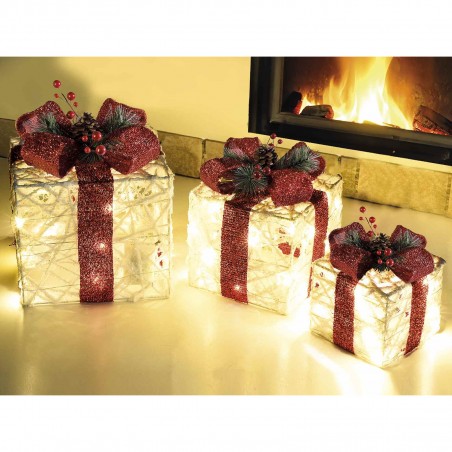Set 3 pacchi regalo luminosi in metallo effetto rattan luci led bianco caldo