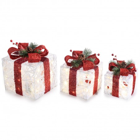 Set 3 pacchi regalo luminosi in metallo effetto rattan luci led bianco caldo