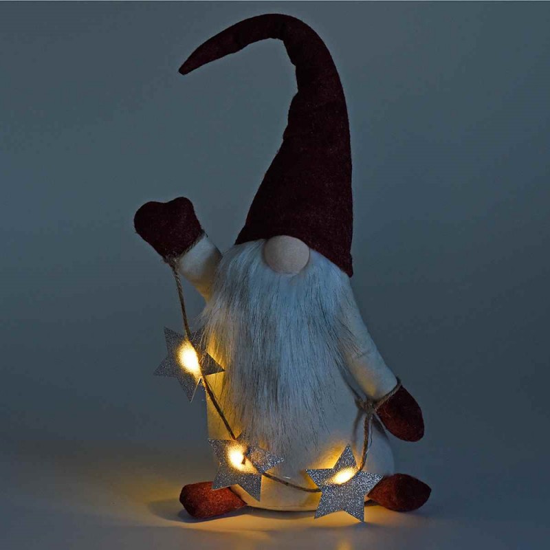 Babbo Natale in stoffa con barba lunga e filo di luci LED a stella H58 cm