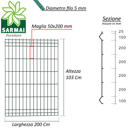 Pannello rigido recinzione rete plastificata Ø 5mm 200 cm modulare