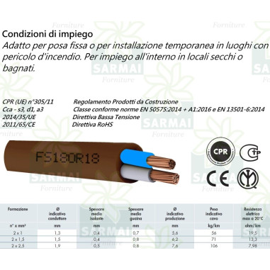 CAVO FILO ELETTRICO FS18OR18 300-500V BIPOLARE SENZA NEUTRO MARRONE 2x1 mm