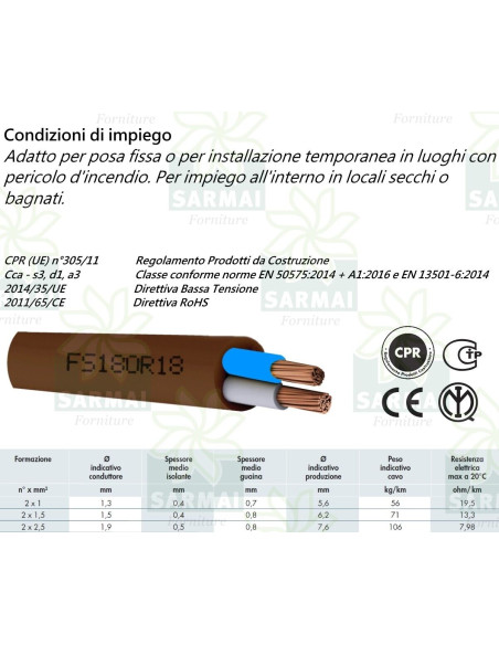 CAVO FILO ELETTRICO FS18OR18 300-500V BIPOLARE SENZA NEUTRO MARRONE 2x1 mm
