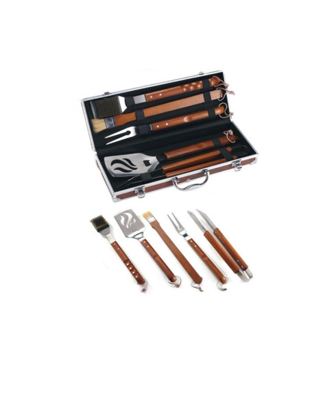 Set kit accessori 5 pz griglia barbecue BBQ attrezzi inox legno con valigetta