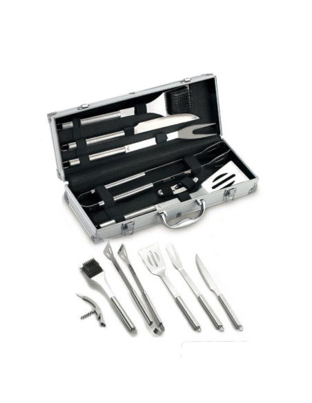 Set kit 6 pz accessori griglia barbecue BBQ attrezzi inox utensili con valigetta