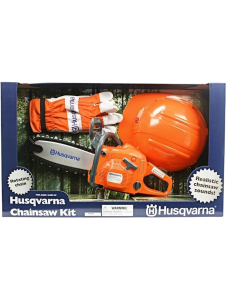 MOTOSEGA GIOCATTOLO HUSQVARNA REGALO BAMBINO GUANTI E CASCO LAVORO