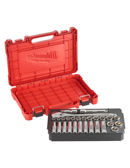 MILWAUKEE Set metrico di 28 cricchetti più bussola da 1/2" fornito in valigetta