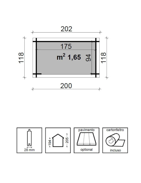 Casetta da giardino in legno Patty 200x118 Pino grezzo non trattato
