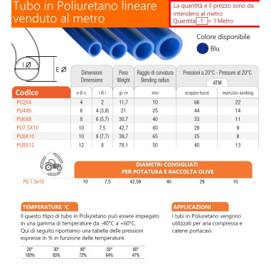 Tubo Aria Compressa compressore in Poliuretano diametri vari al metro