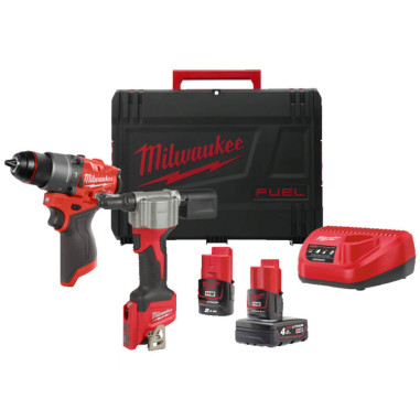 MILWAUKEE KIT 12 V trapano c/percuss. fpd2 + rivettatrice bprt