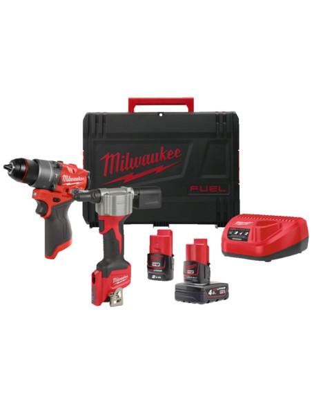 MILWAUKEE KIT 12 V trapano c/percuss. fpd2 + rivettatrice bprt