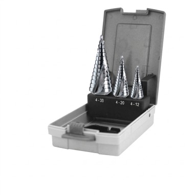 KRINO Set assortimento 3 frese coniche a gradini HSS in custodia