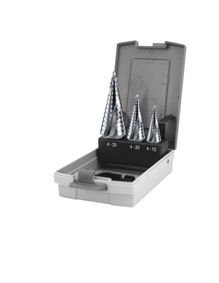 KRINO Set assortimento 3 frese coniche a gradini HSS in custodia