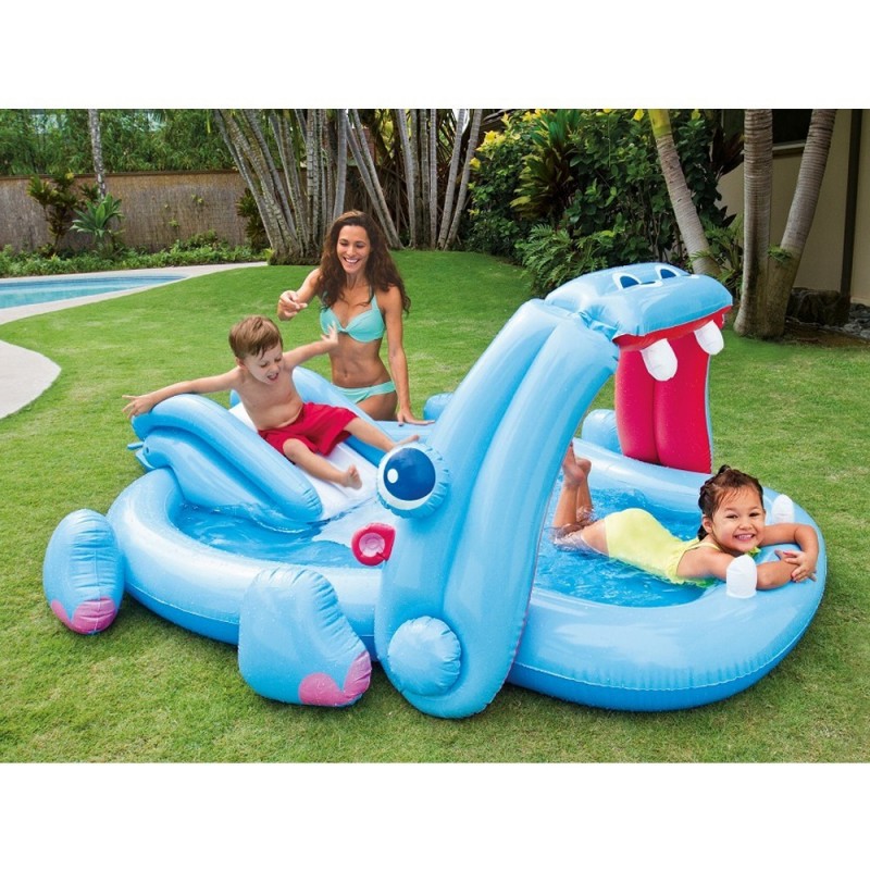 Intex Piscina fuoriterra Ippopotamo Gonfiabile Bambino gioco con scivolo 221 cm