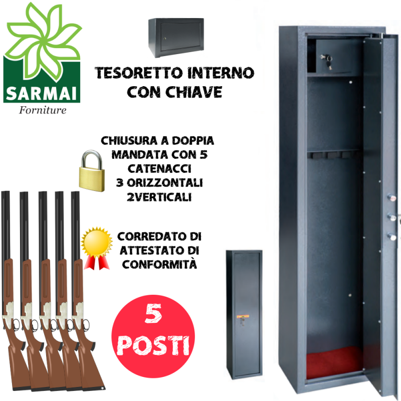 Armadio portafucili 5 POSTI UTILIA blindato in acciaio fuciliera con tesoretto