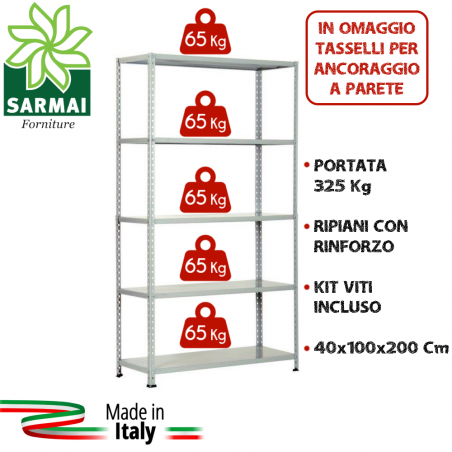 KIT SCAFFALE SCAFFALATURA METALLO 5 RIPIANI CON RINFORZO 100x40x200 GRIGIO 325Kg