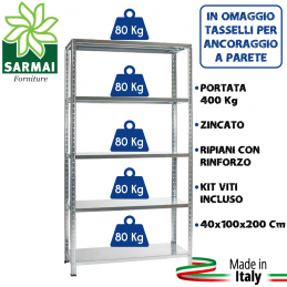 KIT SCAFFALE SCAFFALATURA METALLO ZINCATO 5 RIPIANI RINFORZO 100x40x200 400 Kg