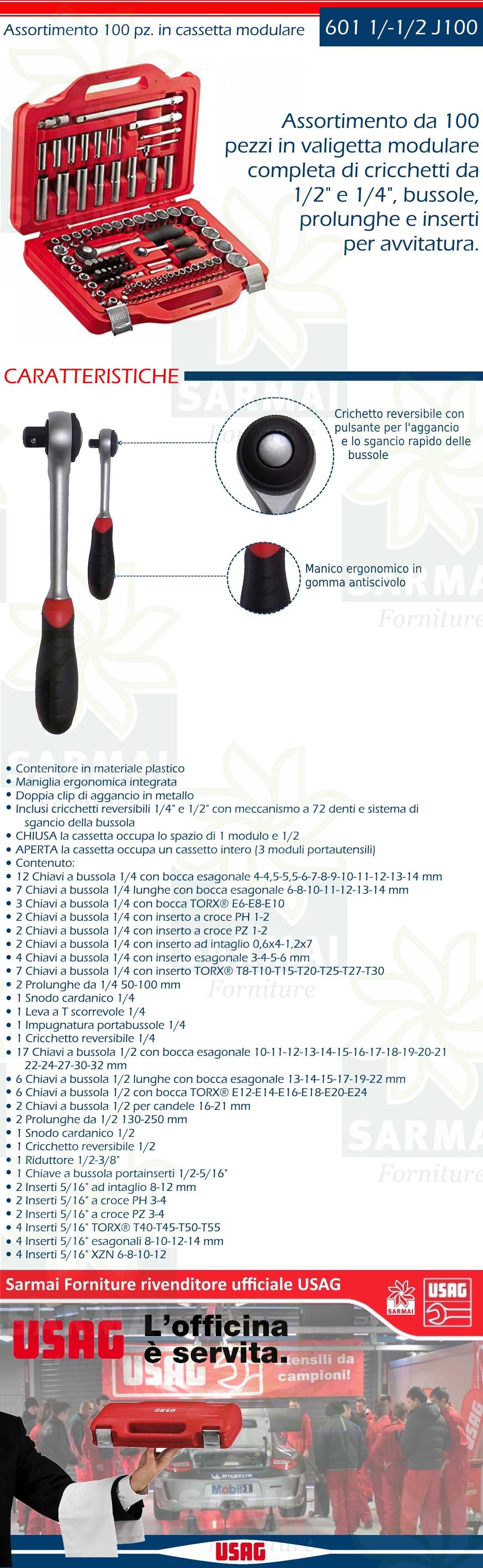 USAG 601 1/4-1/2 J100 U06010011 Assortimento in Cassetta Modulare con  Bussole Esagonali & 280 LTS/S9 U02800084 Serie di 9 Chiavi Maschio  Esagonale Lunghe Testa Sferica : : Fai da te