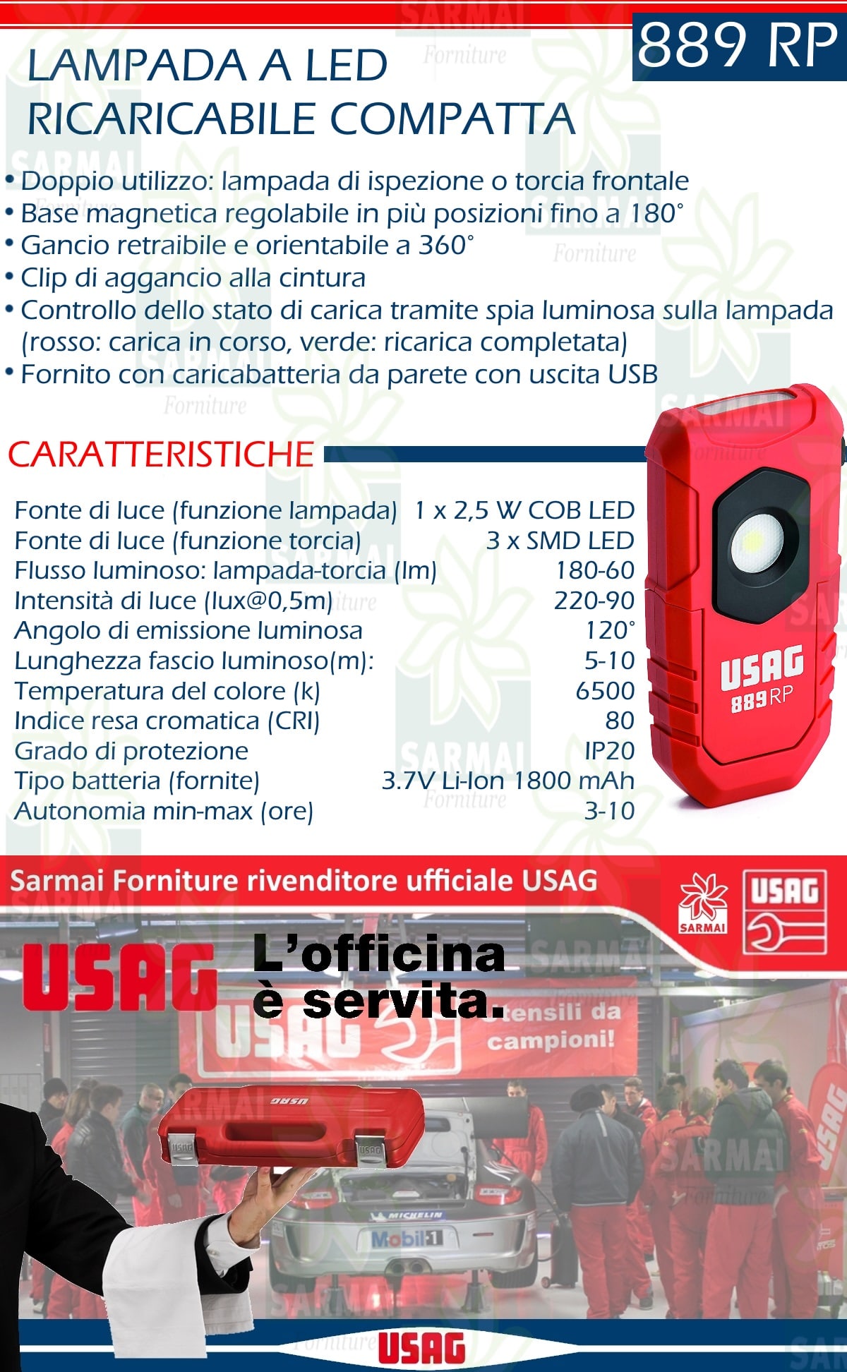 USAG 889 TC TORCIA LAMPADA A LED DA LAVORO PROFESSIONALE IN ALLUMINIO