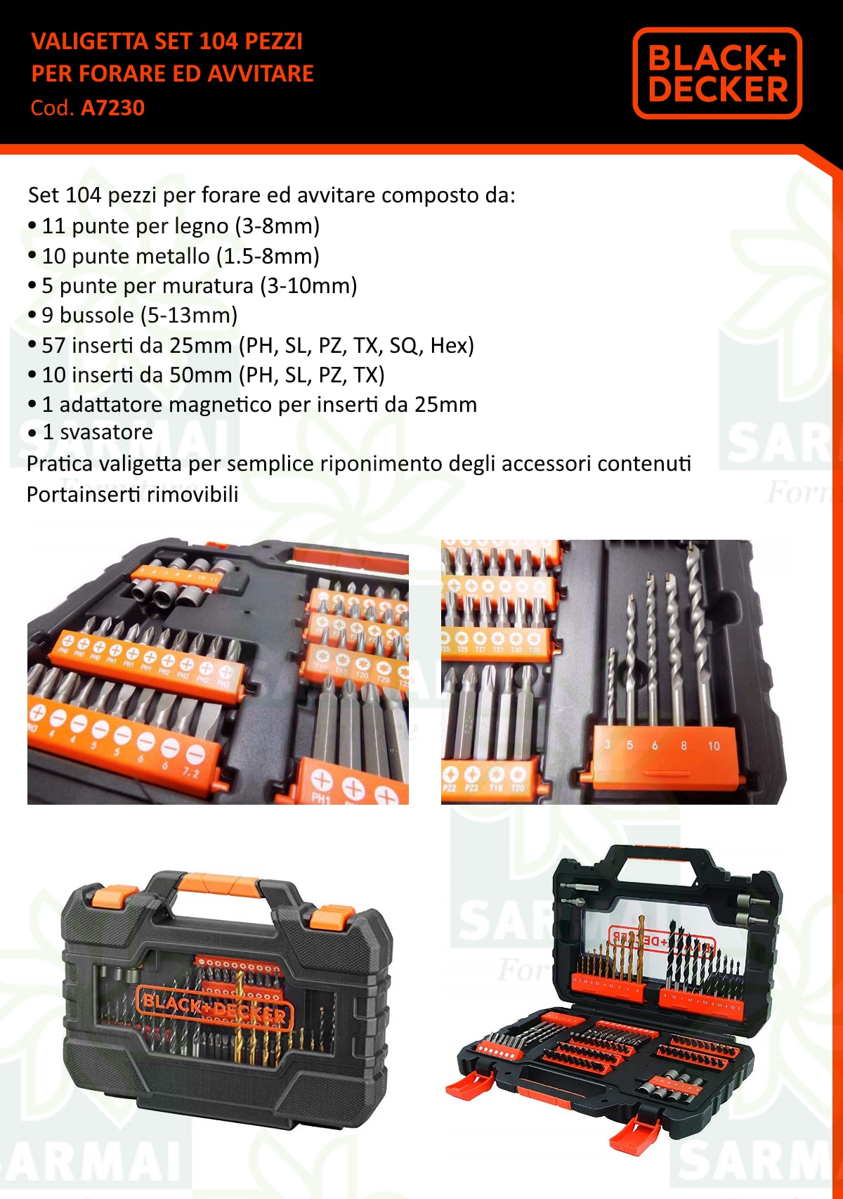 Set 104 pezzi Punte e inserti bits per forare ed avvitare BLACK+DECKER
