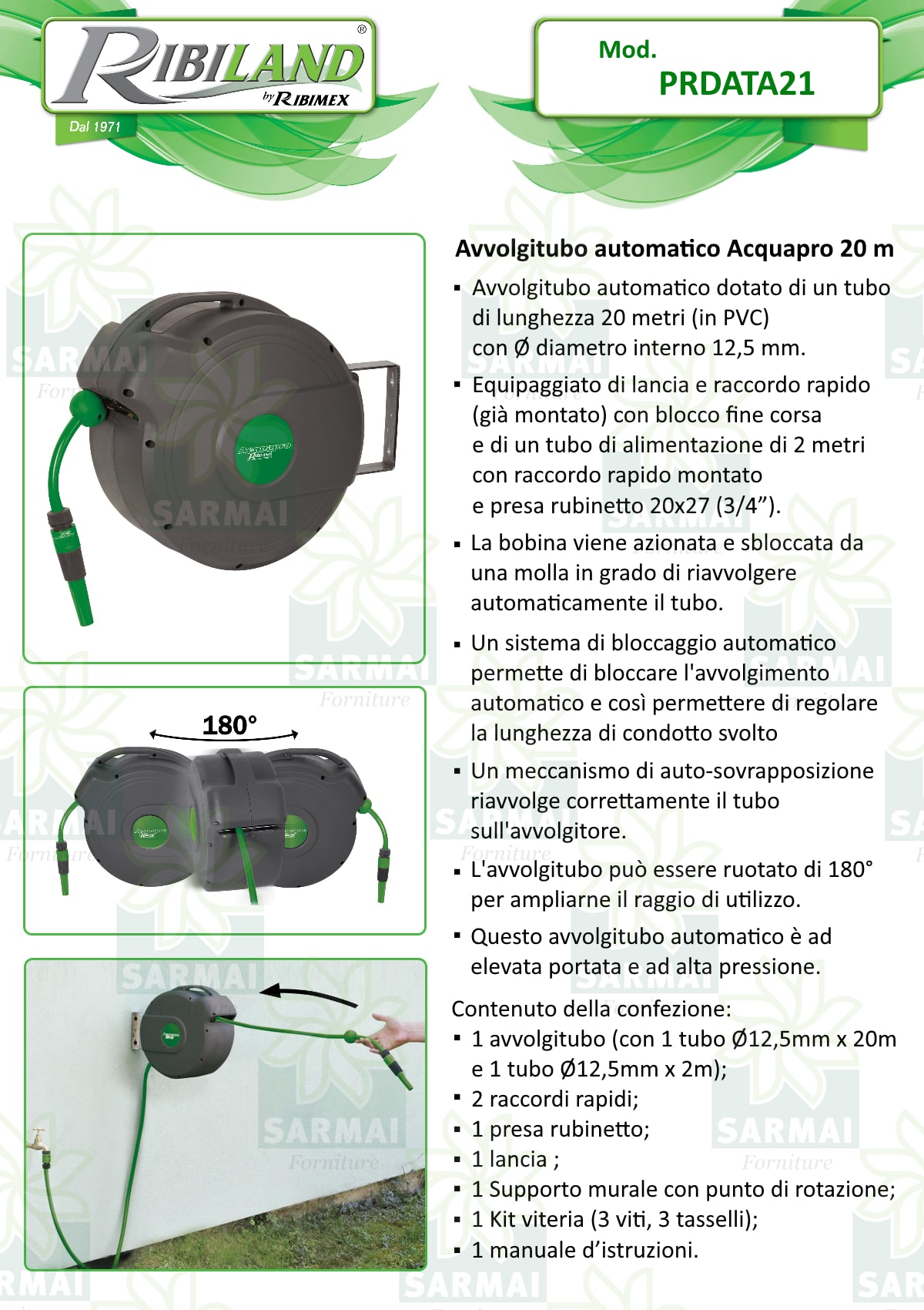 ARROTOLATORE AVVOLGITUBO TUBO PER ARIA COMPRESSA 20 + 2 METRI IN PVC  RINFORZATO