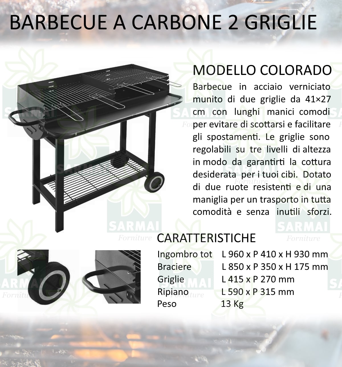 BARBECUE BBQ A CARBONE CARBONELLA 2 DUE GRIGLIE ACCIAIO RUOTE GRANDE