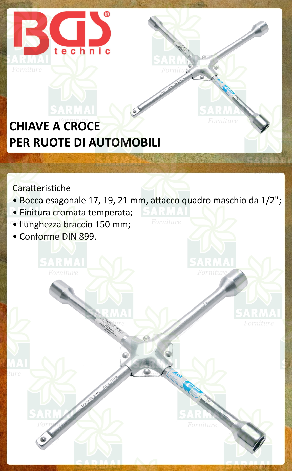 CHIAVE A CROCE PER RUOTE DI AUTO 17-19-21 mm + ATTACCO PER BUSSOLA DA 1/2