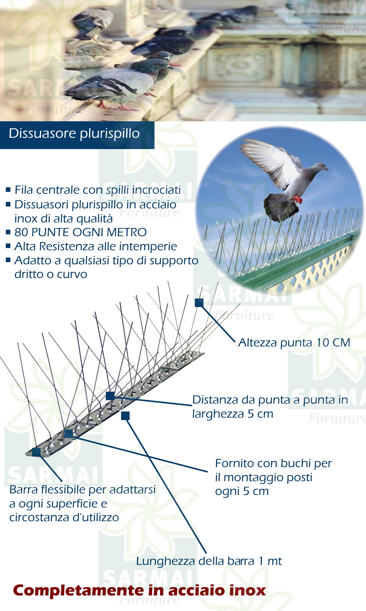 Dissuasore per Piccioni e Uccelli in acciaio inox da muro 80 spilli –