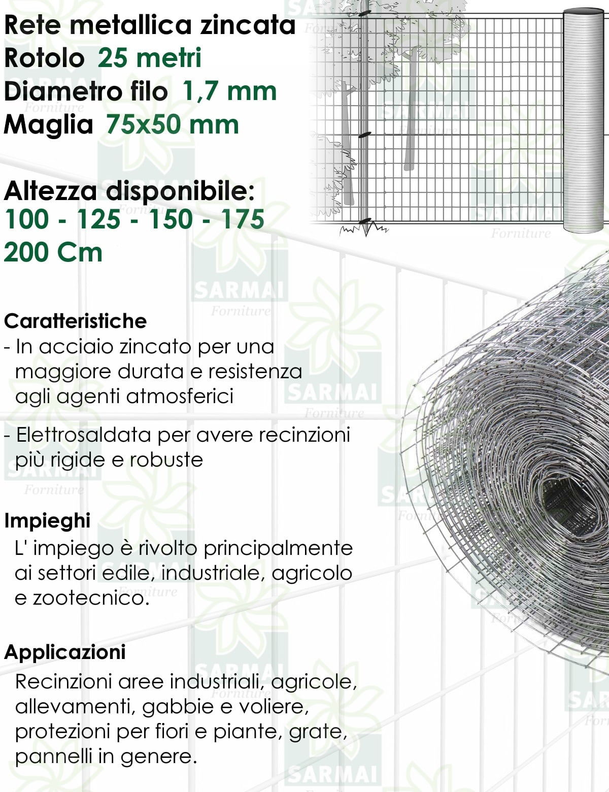 RETE RECINZIONE PLASTIFICATA H 125 MAGLIA SCIOLTA 50X50 MM Ø 2,3 ROTOLO 25 M