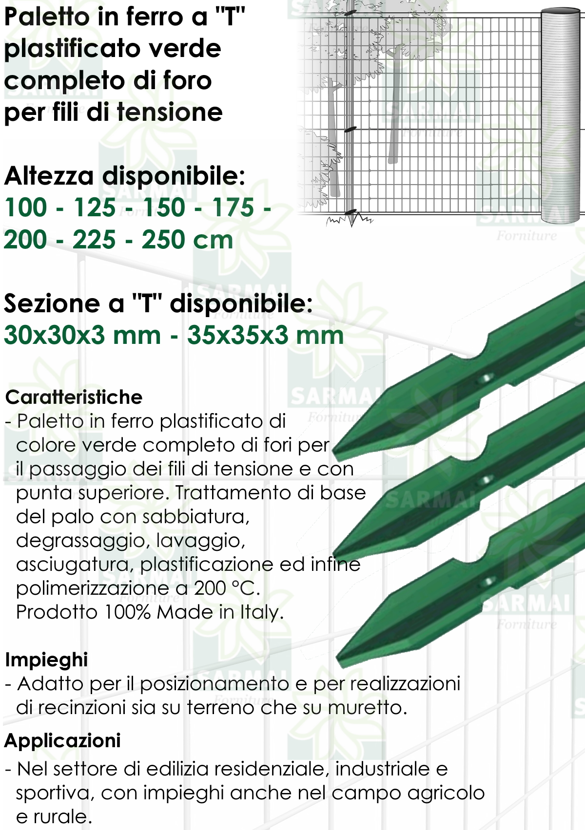 Paletti x recinzione a t verde 30x30x3 in ferro verniciato varie altezze  pezzi per confezione: 10 altezza