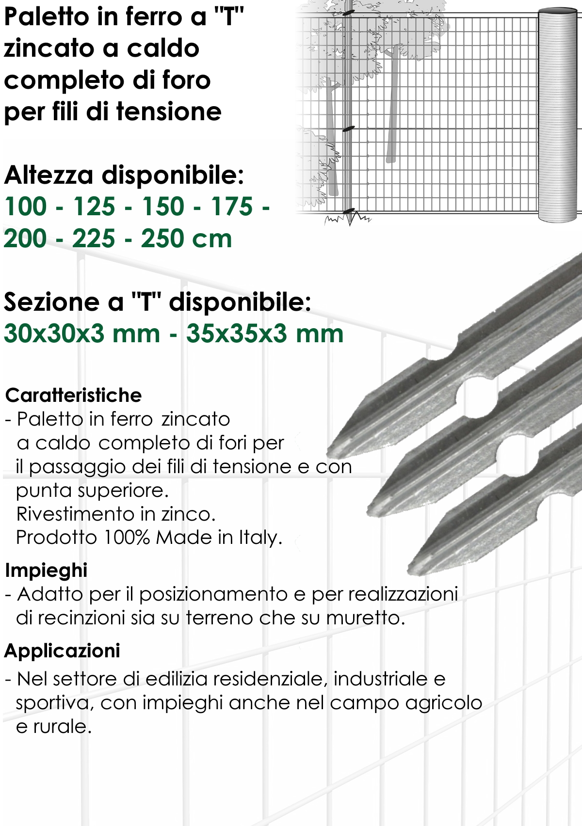 10 Paletti Recinzione 225 cm Ferro Plastificato Verde Pali per