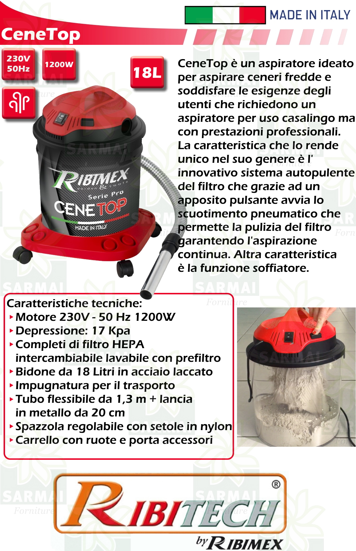 Bidone Aspiratore aspira cenere calda con soffiante RIBITECH 18 lt