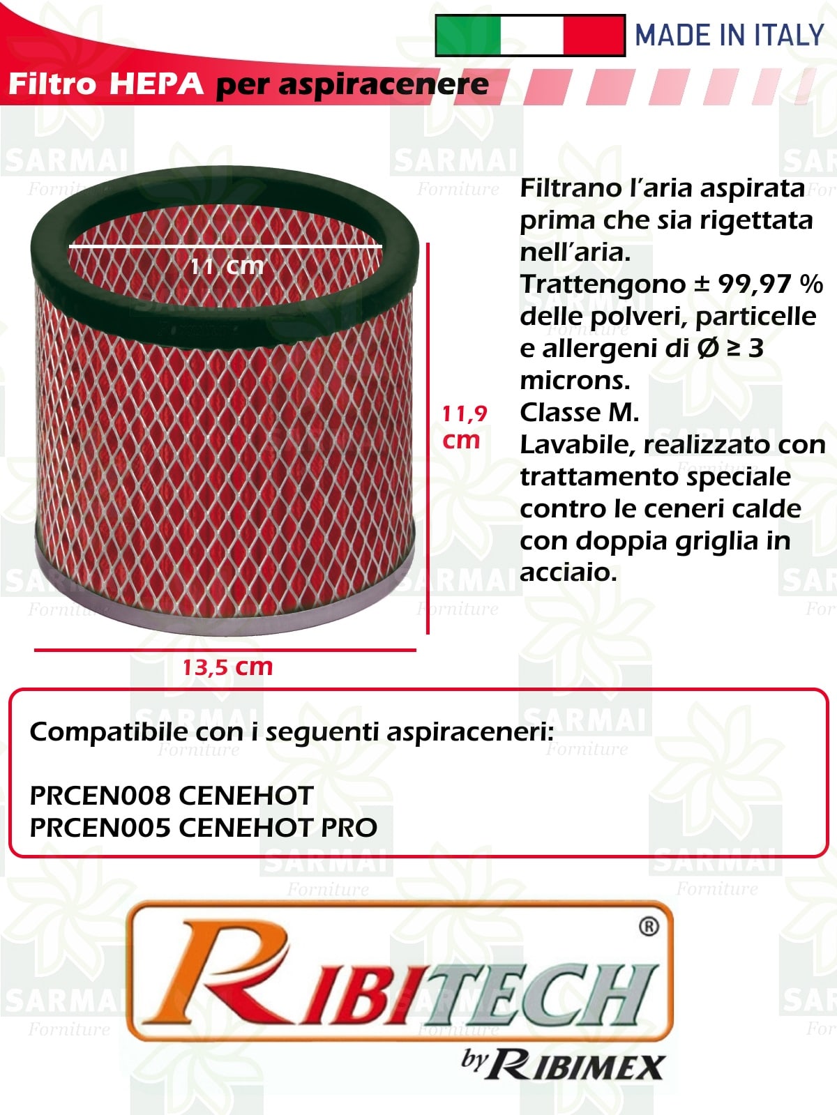 Ricambio filtro HEPA lavabile per aspiracenere Ribitech CENEHOT / PRO