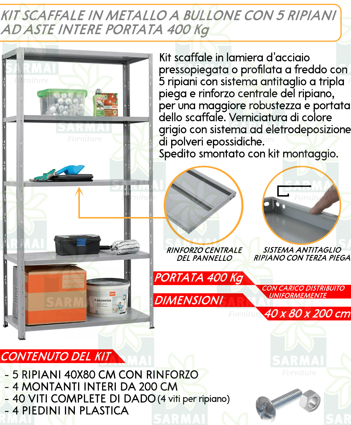 KIT SCAFFALE SCAFFALATURA METALLO 5 RIPIANI CON RINFORZO 80x40x200 GRIGIO  400 Kg