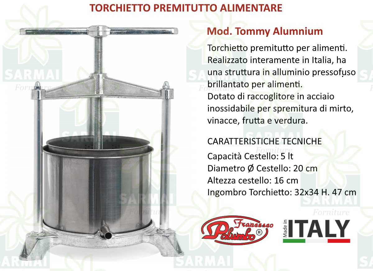 Torchietto Torchio premitutto alluminio pressofuso conserve premutefrutta 5 Lt 