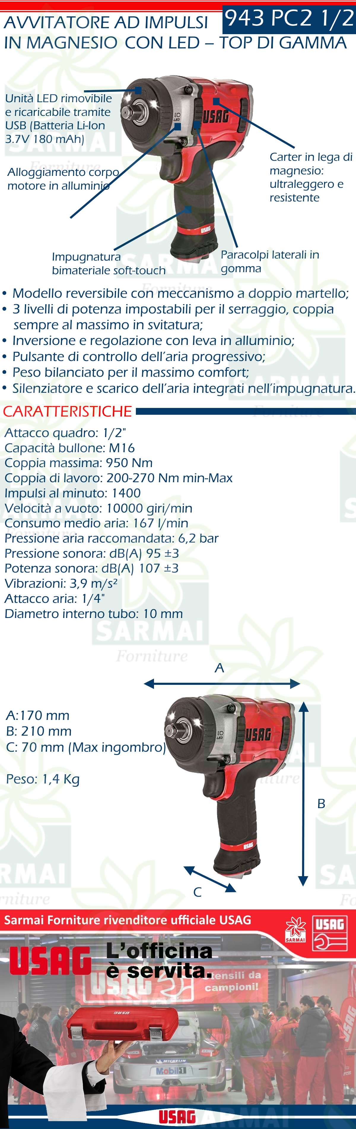 USAG 928 AC1 1/2 Avvitatore pneumatico ad impulsi reversibile 1015 Nm